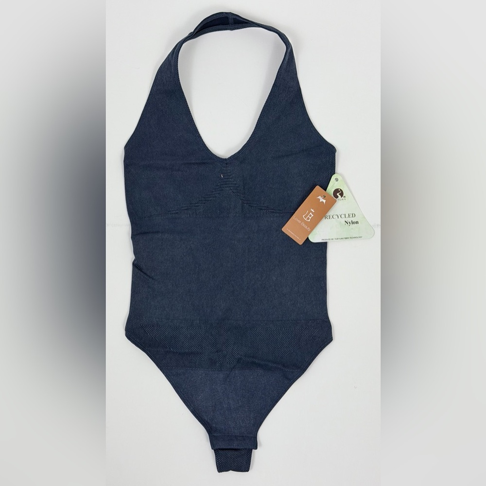 Stretchy  Dark Denim Halter Style Snap Crotch Thong Bodysuit      XS/S.      NWT